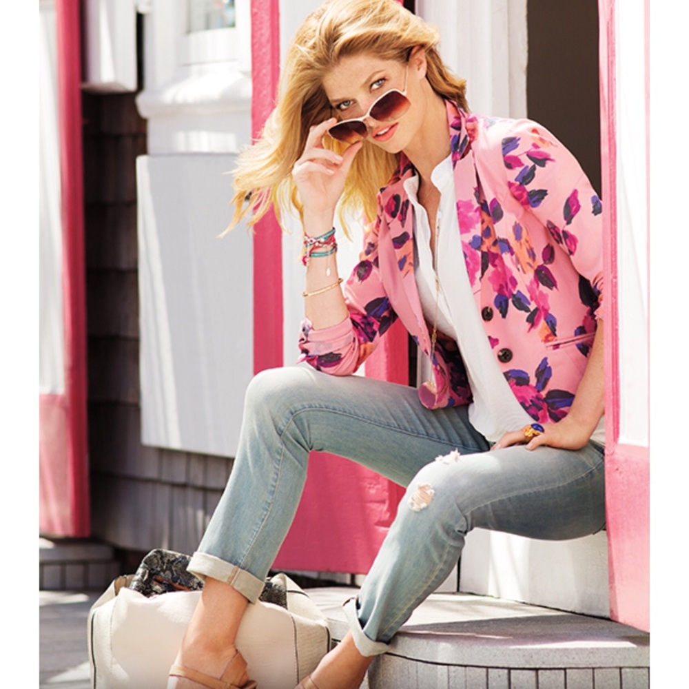 CAbi Pink Rose Garden Floral Buttoned Jacket Blazer Preowned XS